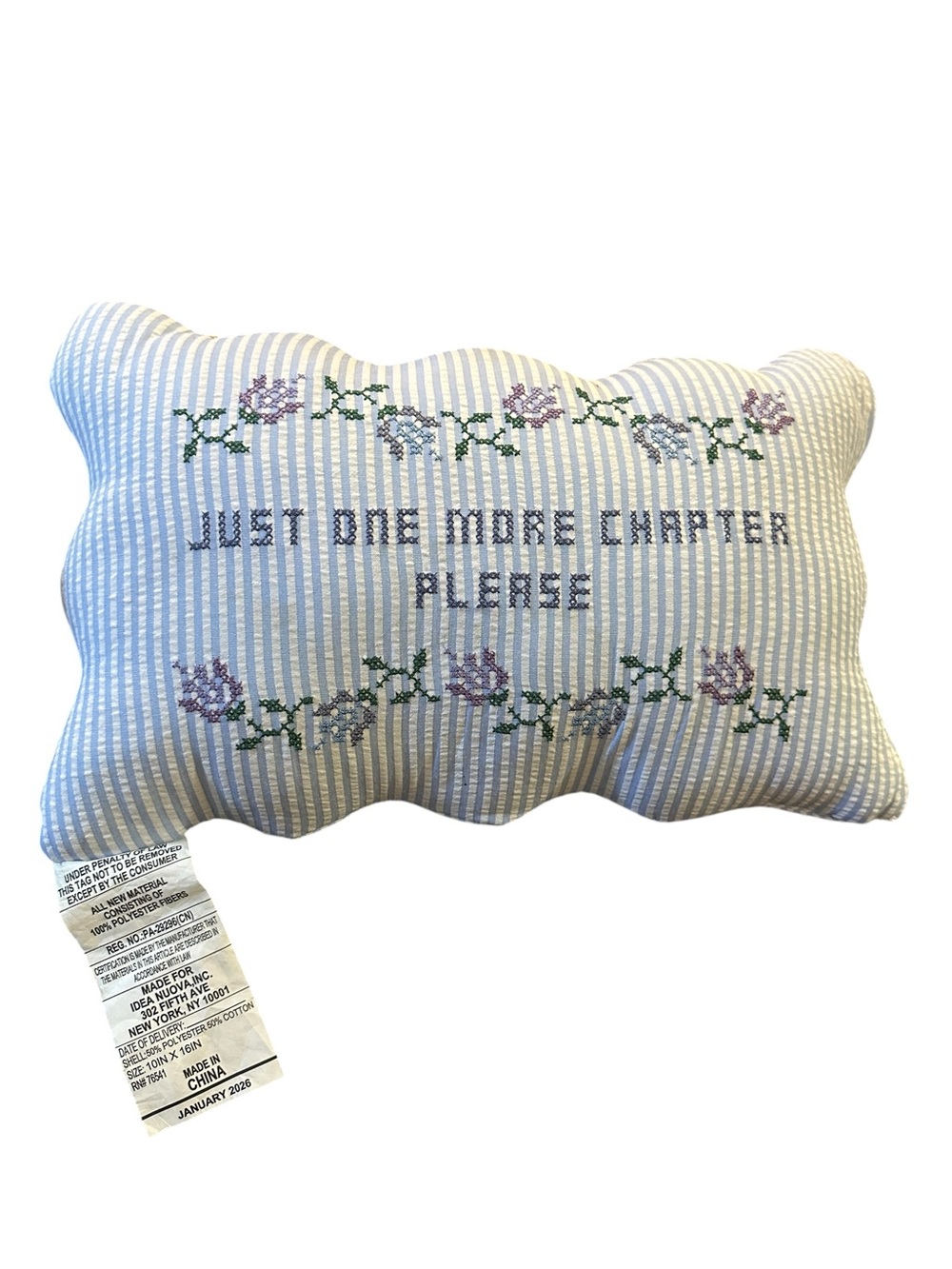 Embroidered 'Just One More Chapter Please' Decorative Pillow - Blue Stripe
